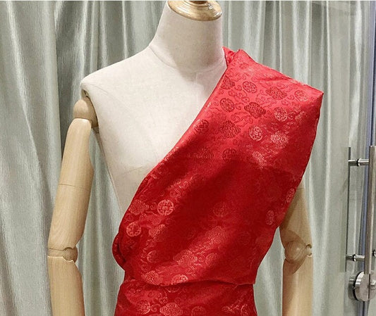 Red Jacquard Brocade Fabric: Mongolian Style Upholstery, Quilting (29.5" Wide)