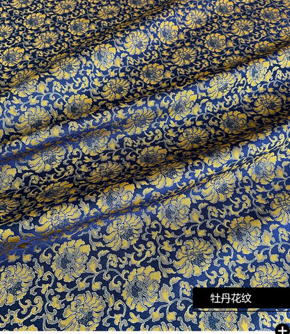 Tissu brocart pivoine : mélange de rayonne bleue et jaune, 140 cm de large