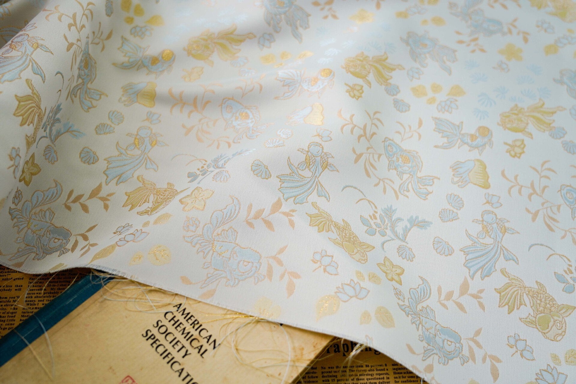 Gold Fish Brocade Jacquard Fabric: Retro Style, 60" Wide - Poppylollipop