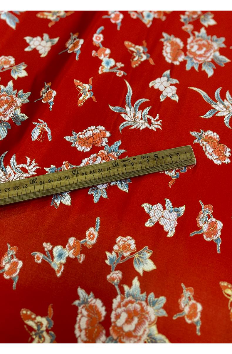 Red Phoenix Brocade Fabric: Floral Jacquard Satin, 58"W