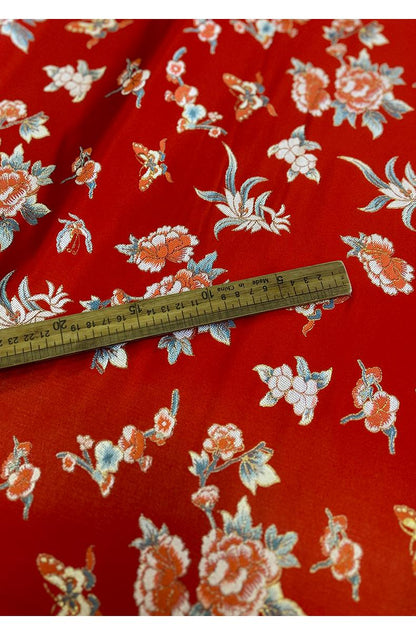 Red Phoenix Brocade Fabric: Floral Jacquard Satin, 58"W