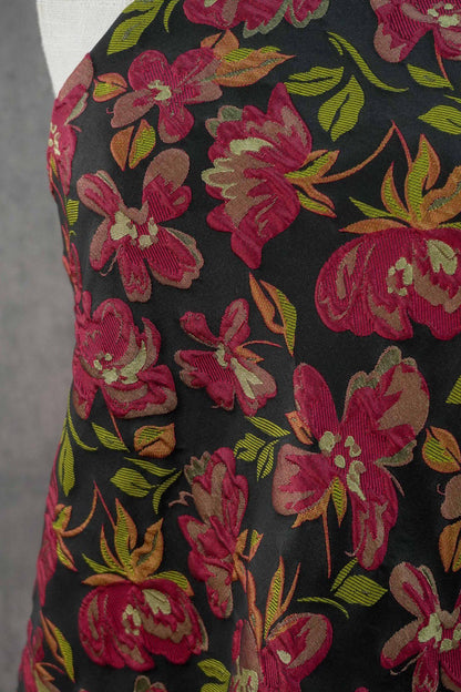 Embossed Floral Jacquard Fabric ��� Black & Pi" Wide