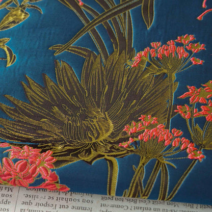 Gold Thread Jacquard Woven Fabric: 3D Teal Floral Embossed Upholstery, Costume, Sewing - 62"W