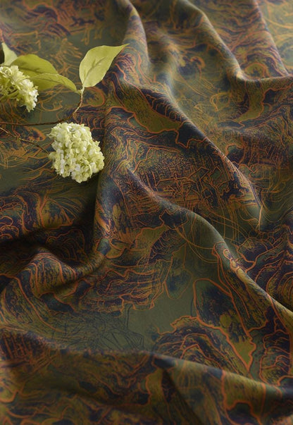 Mountains Ink Painting Cotton Fabric: Drapery, Upholstery, Costume - 55"W