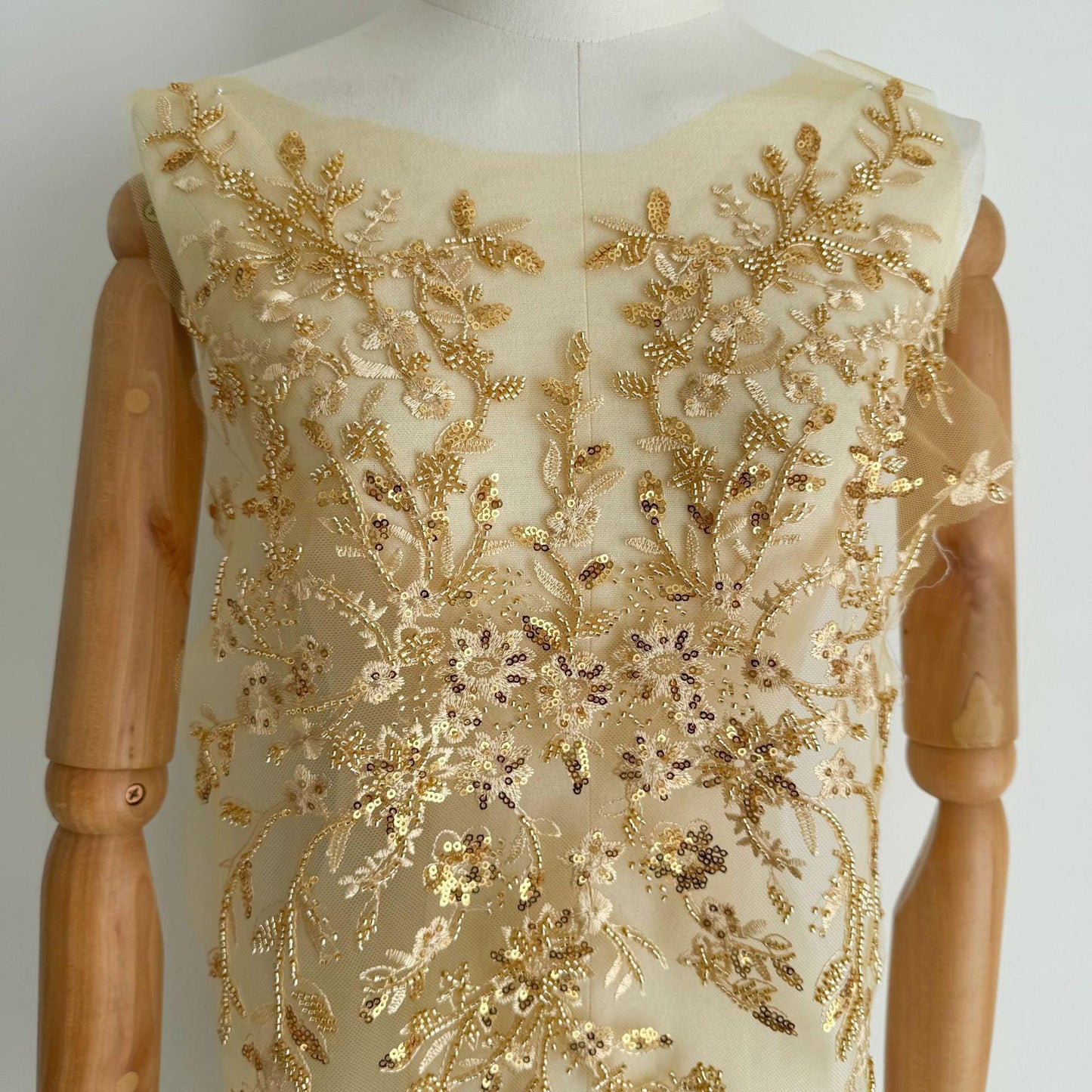 Elegant Gold Multicolor Beaded Sequin Lace Fabric for Wedding Dresses & Special Occasion Gowns