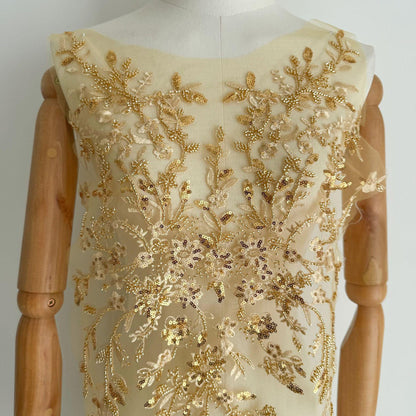 Elegant Gold Multicolor Beaded Sequin Lace Fabric for Wedding Dresses & Special Occasion Gowns