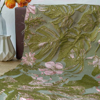 Gold Thread Floral Jacquard Fabric: Pea Green 3D Designer Fabric, 57" Wide