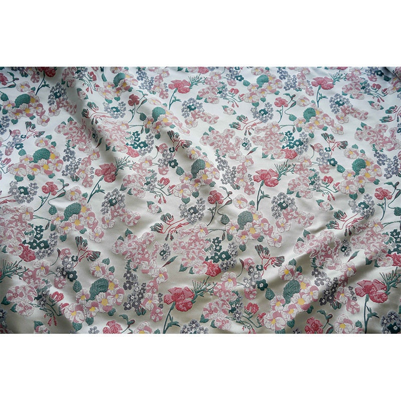 Beige Floral Jacquard Fabric: Reversible Embossed Woven Material, 62"W