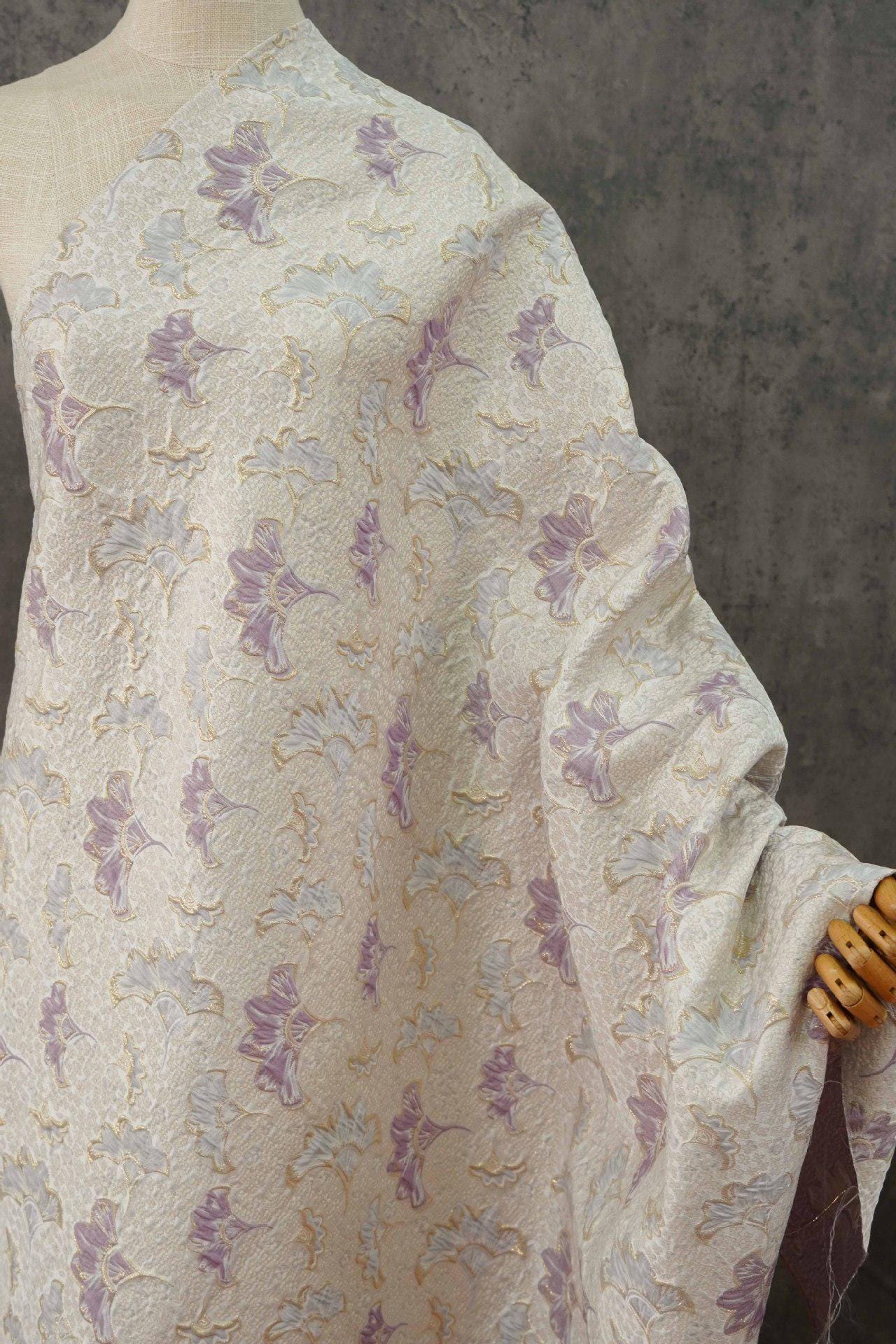 Gold Thread Jacquard Woven Fabric: 3D Lilac Floral Embossed Upholstery, Costume, Sewing - 60"W