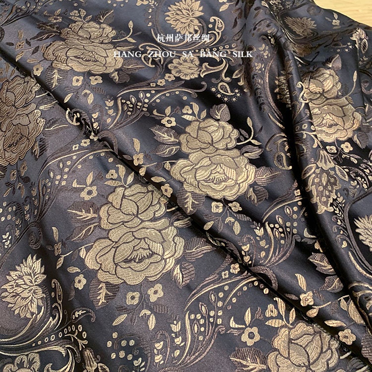 Tissu brocart floral vintage : Soie rayonne noir café, 75 cm de large