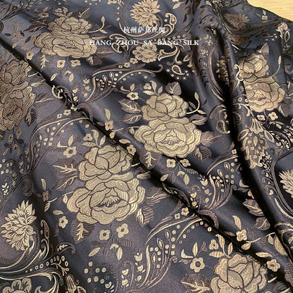 Tissu brocart floral vintage : Soie rayonne noir café, 75 cm de large