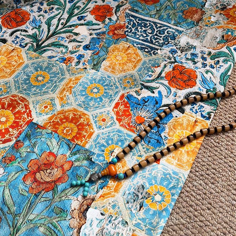 Persian Floral Cotton Fabric: Enamel Style Print, Quilting & Dressmaking, 55" Wide