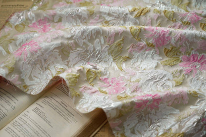 Gold Thread Floral Jacquard Fabric: Shimmering Embossed Weave, 55"W