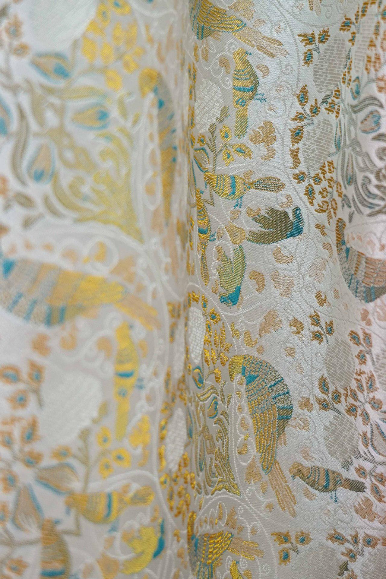 Gold Floral Bird Fabric: 58"W Rayon Blend Upholstery & Drapery