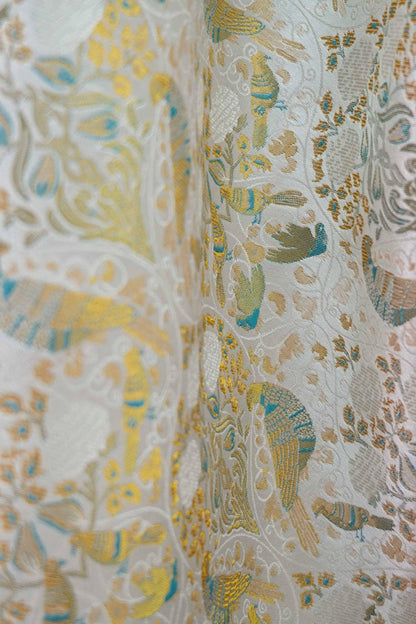 Gold Floral Bird Fabric: 58"W Rayon Blend Upholstery & Drapery