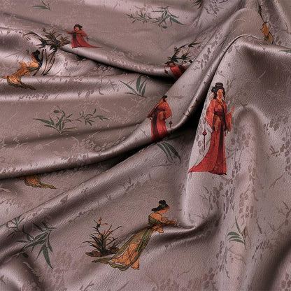 Damask Silk Fabric: Ancient Lady Pattern, Upholstery Sewing Material (59"W)