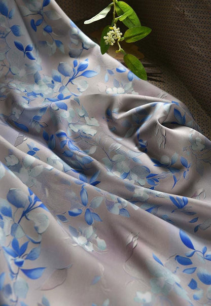 Gray Blue Cotton Sateen Fabric: Snowy Elegance Print, 55" Wide