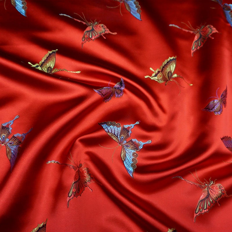 Black Silk Brocade Fabric: Butterfly Floral Jacquard (45"W)