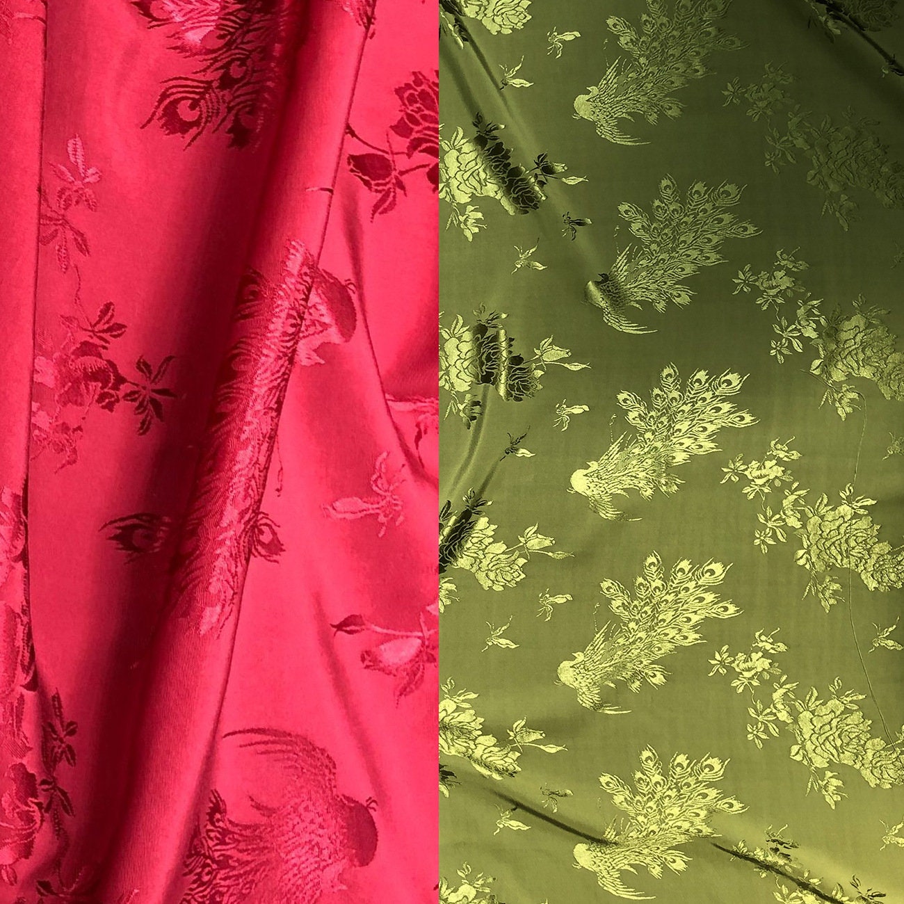 Tissu damassé satiné jacquard à motif pivoine et paon, rayonne double face, largeur 150 cm, vendu au mètre