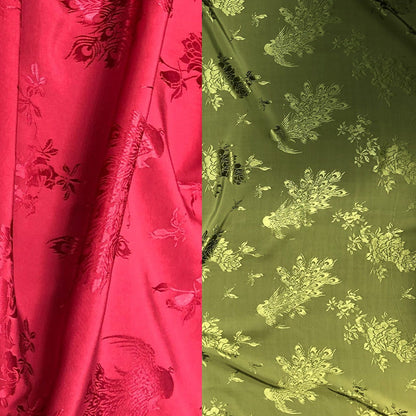 Tissu damassé satiné jacquard à motif pivoine et paon, rayonne double face, largeur 150 cm, vendu au mètre