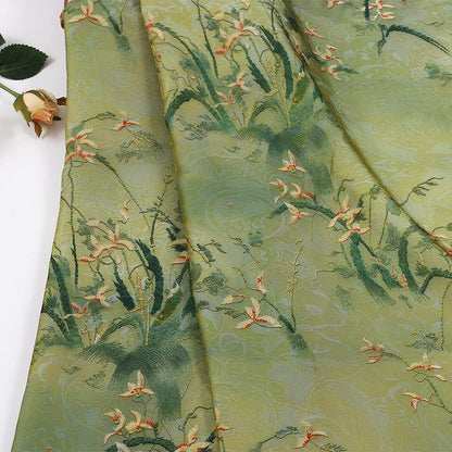Golden Yellow Blossom Branch Lightweight Brocade Jacquard Fabric ��� Shiny Floral Material for Cheongsam & D