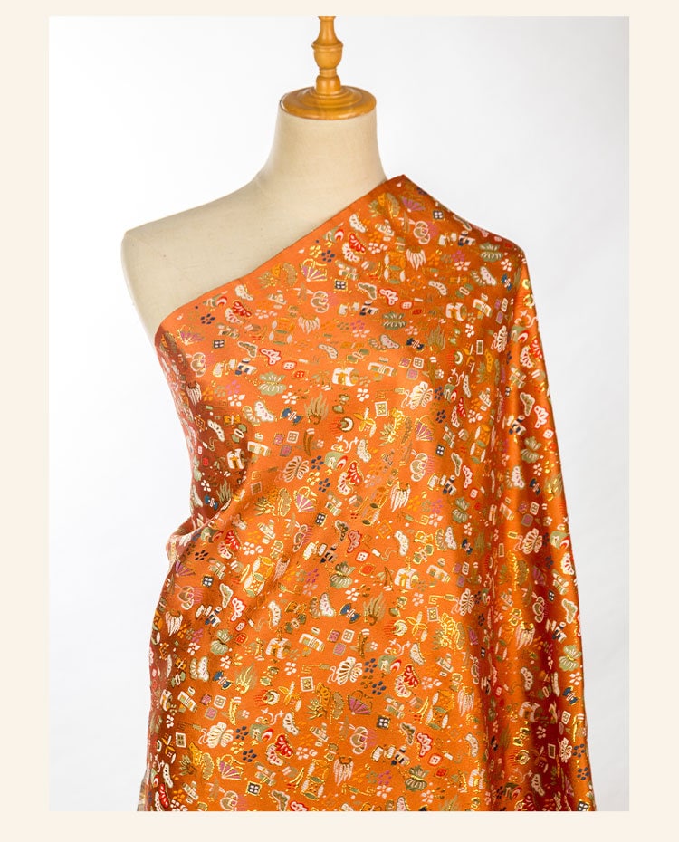 Japanese Silk Brocade Fabric: Eight Treasures Damask, Kimono Sewing (59" or 29.5" Width)