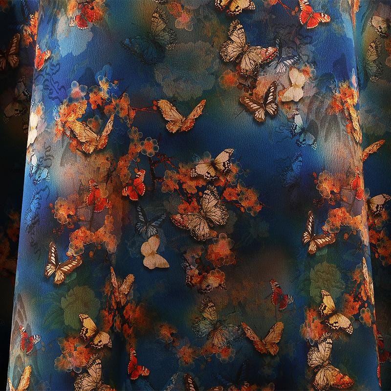 Butterfly Print Tea Silk Satin Fabric - 59"W Upholstery & Costume