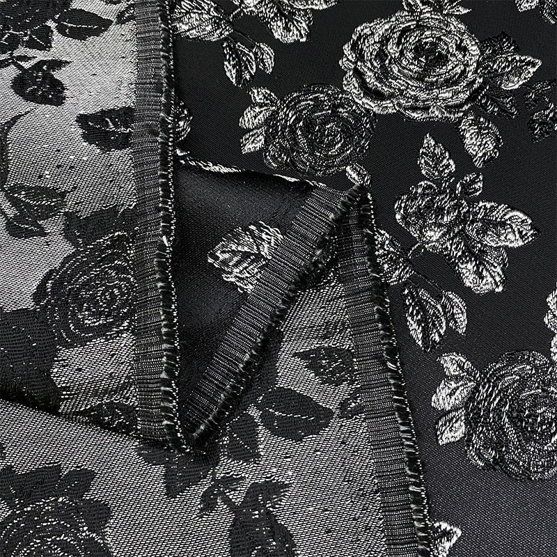 Black Jacquard Fabric: Embossed Peony Flower Design, 55" Wide