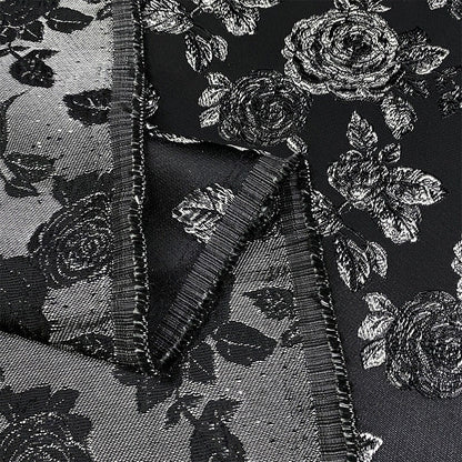 Black Jacquard Fabric: Embossed Peony Flower Design, 55" Wide