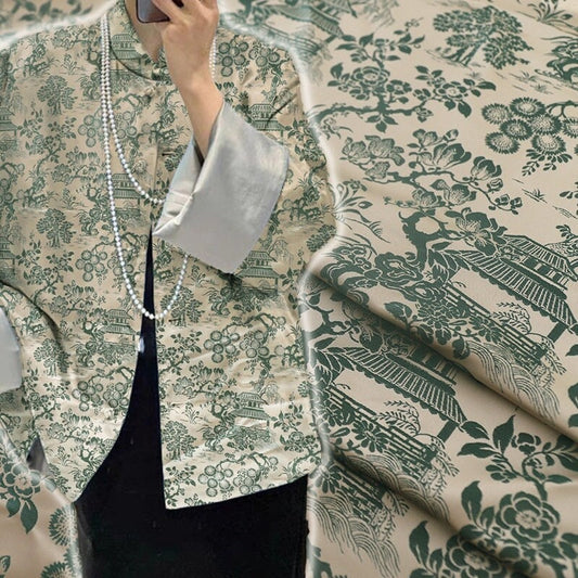 Tissu brocart Willow Pavilion : mélange de soie de 150 cm, motif paysage printanier