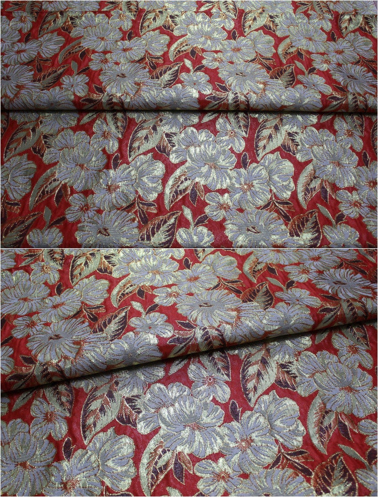 Metallic Peony Brocade Fabric: Red & Silver Floral, 29.5"W