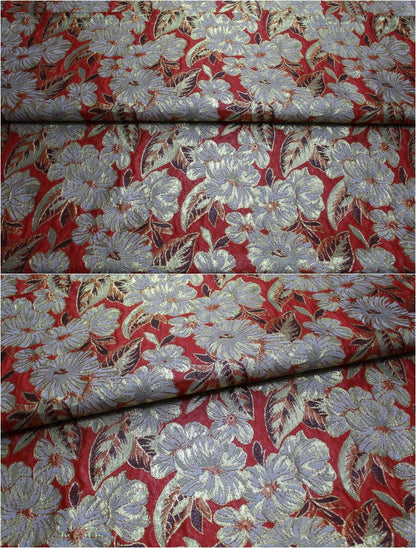 Metallic Peony Brocade Fabric: Red & Silver Floral, 29.5"W