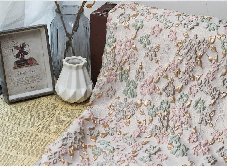 Jacquard Flower Fabric: Gold Embossed 3D Bubble Design, 55" Wide
