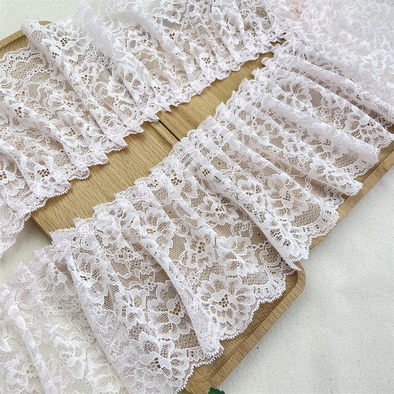 Baby Pink Pleated Lace Trim, Ruffled Fabric, 5.5" Wide