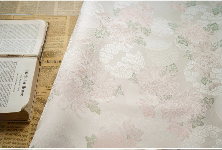 Tissu jacquard brocart pivoine rose pâle - Style palais rétro