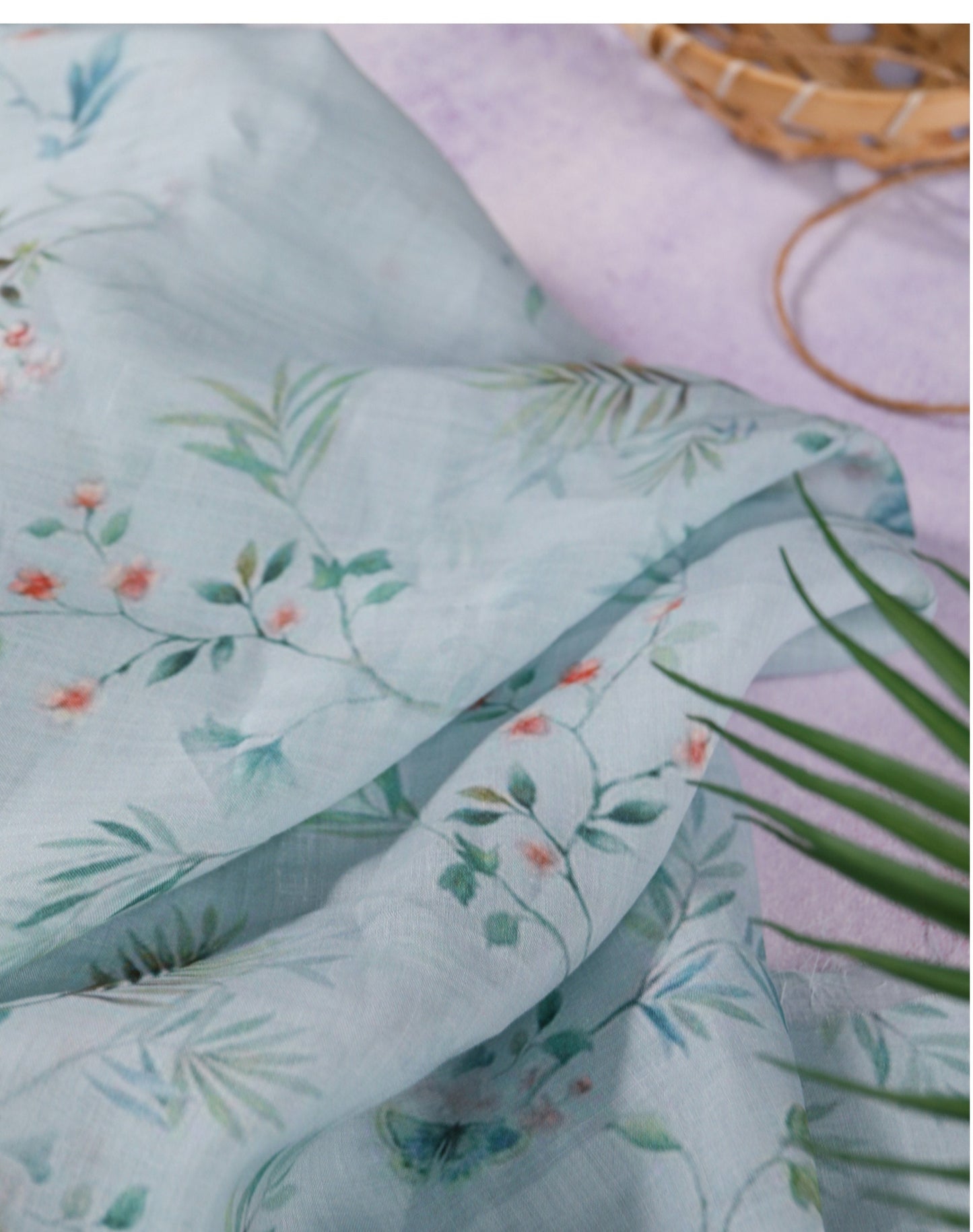 Floral Ramie Fabric: Light Blue Ink Print, 55" Wide, Natural Fiber