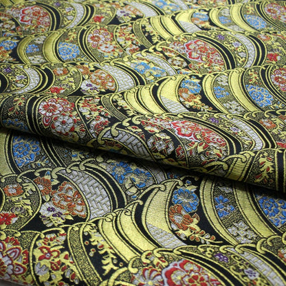 Nishijin Floral Jacquard Fabric: Black and Gold Silk Brocade (29.5" Width)
