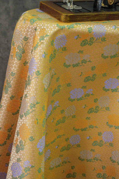 Japanese Kirin Nishijin Brocade Fabric: Yellow Floral Silk, 60" Wide