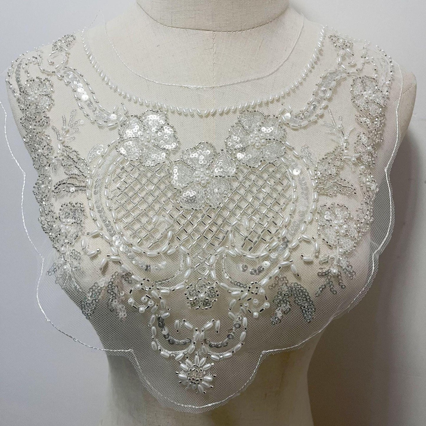 Embroidered Lace Trim: Light Ivory Bridal Wedding Veil with Sequins - 12" Wide, By The Yard