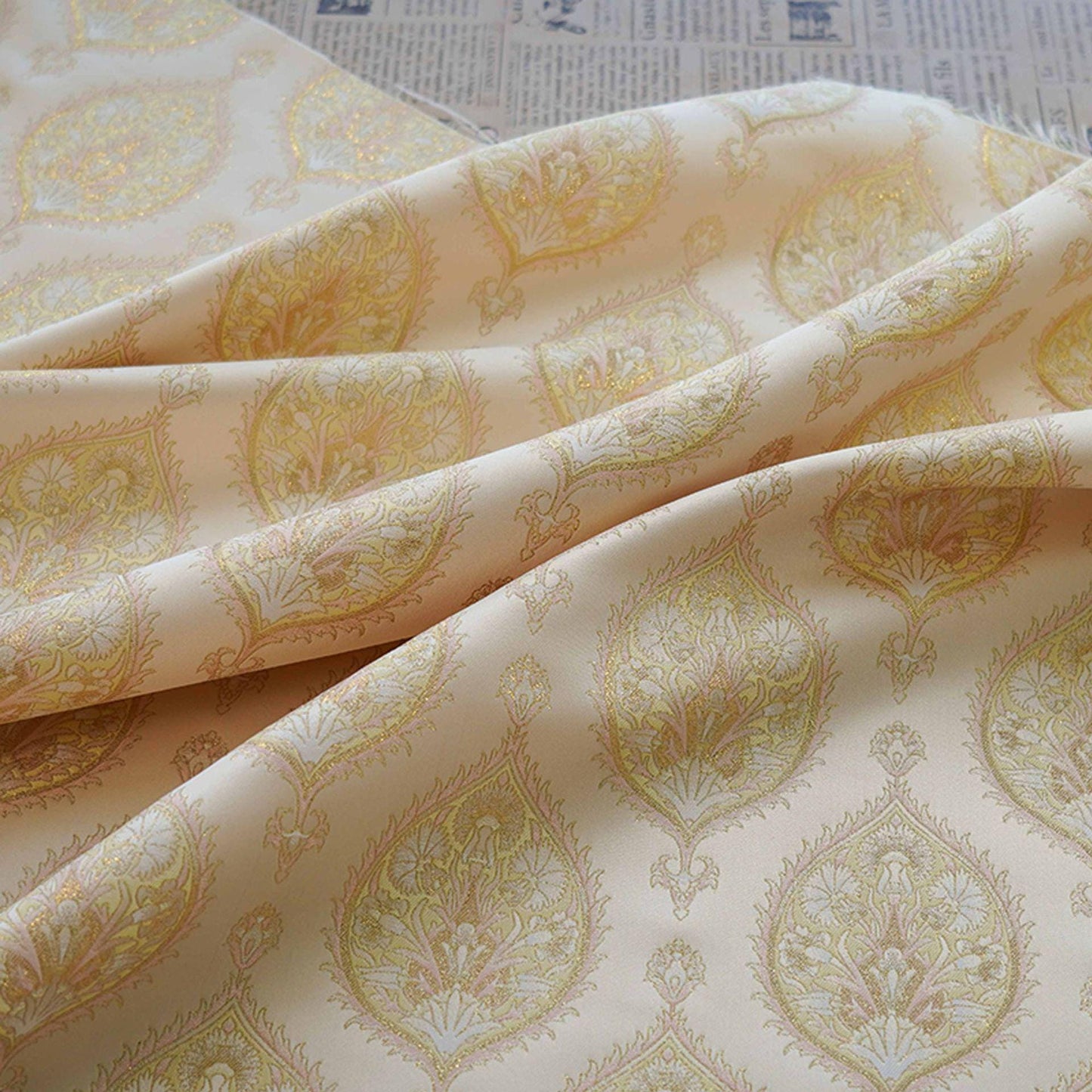 Gold Thread Jacquard Fabric: Foil Peacock Feather Upholstery, 59" Wide