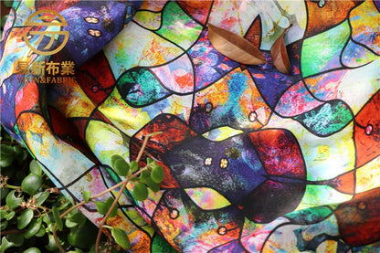 Tissu en lin à motif vitrail : imprimé numérique coloré, 140 cm de large