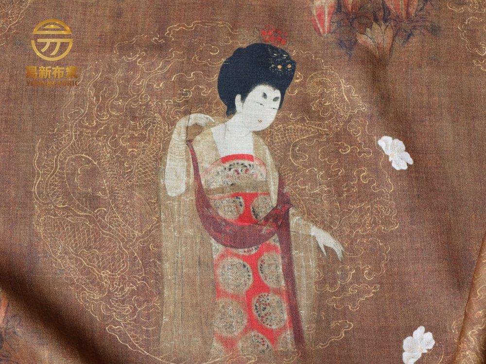Tang Dynasty Linen Fabric: Ladies with Hairpins Print, 55" Wide