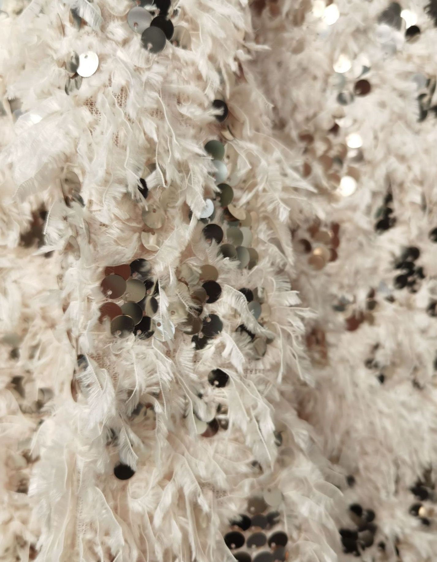 Beige Feather Sequin Embroidery Fabric: 49" Wide Costume Material