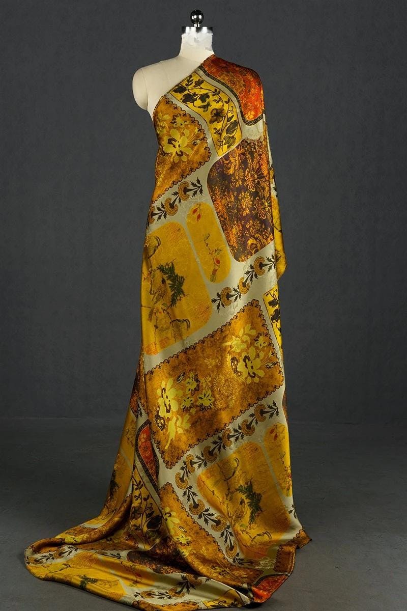 Ancient Dunhuang Tea Silk Satin Fabric: Floral Print, 59" Wide