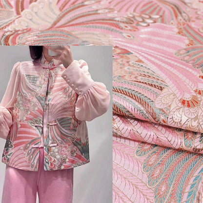 Tissu damassé rose : tissage queue de phénix chinois de 35 pouces de large
