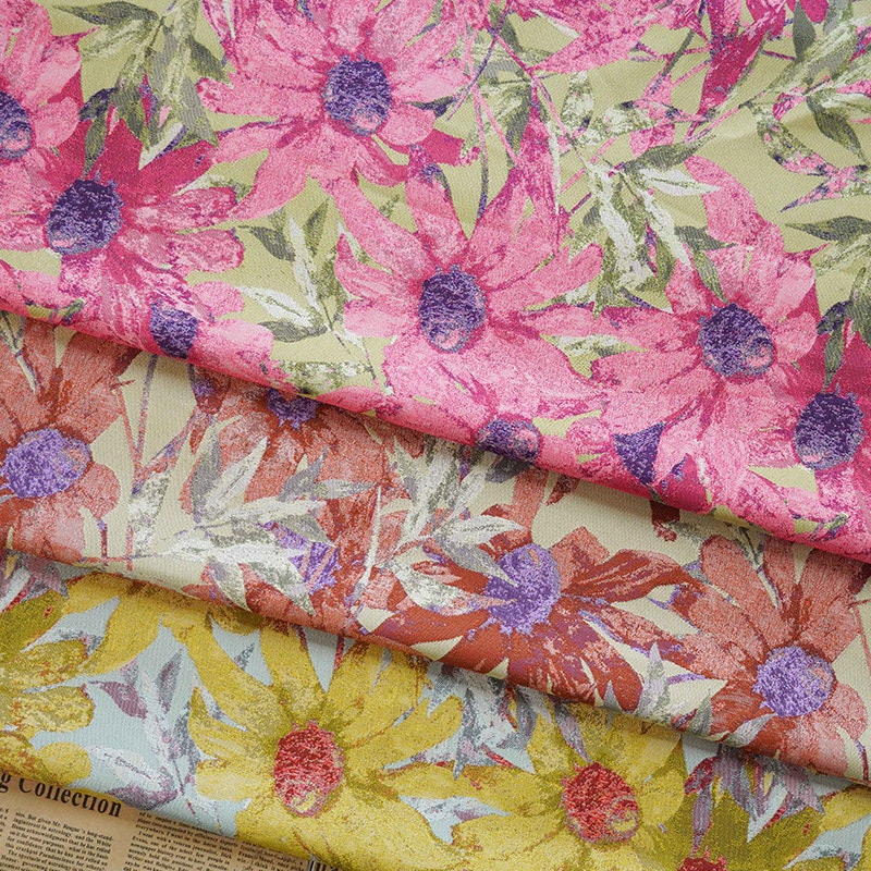 Floral Jacquard Fabric: Island Style Pink Flowers, 55" Wide