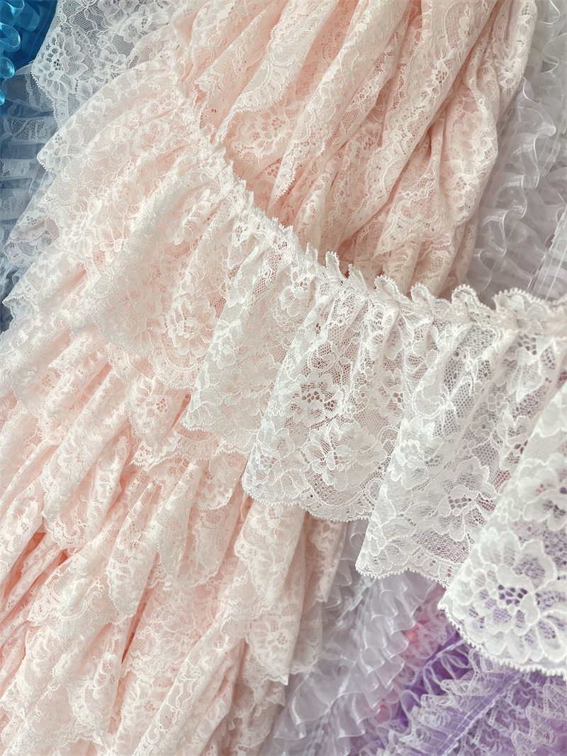 Baby Pink Pleated Lace Trim, Ruffled Fabric, 5.5" Wide