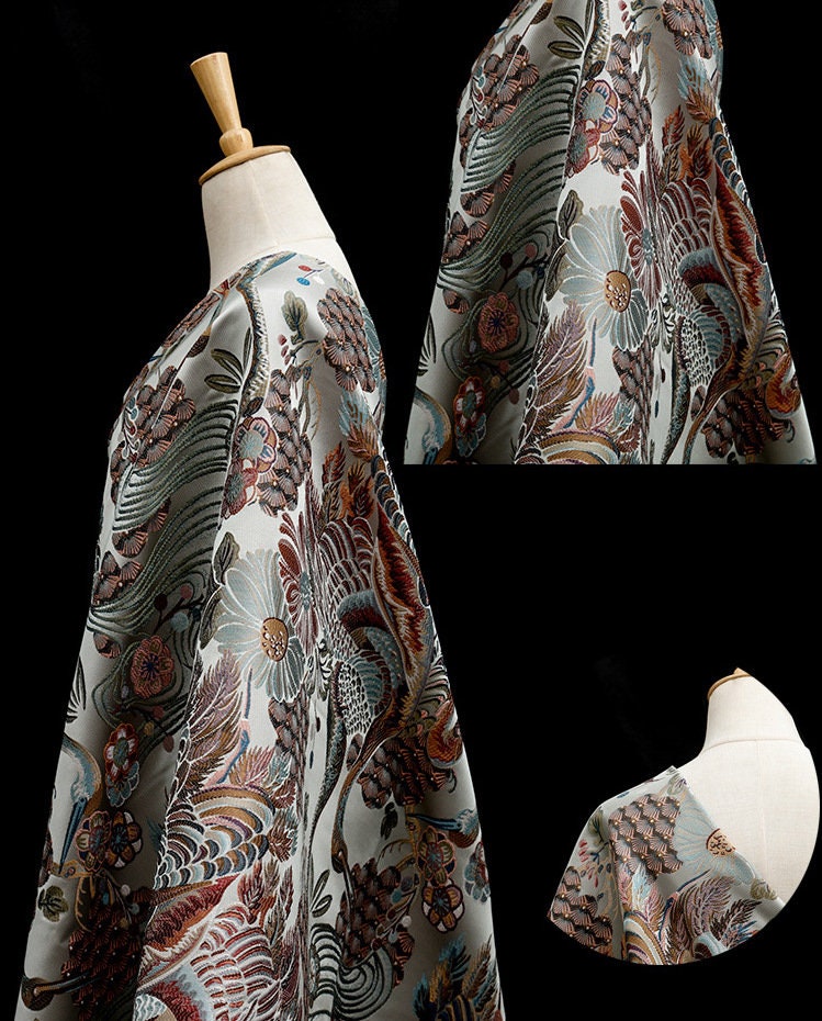 Crane & Flower Jacquard Fabric: Vintage Embroidery Style, 57" Wide