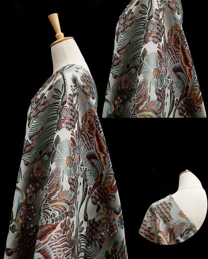 Crane & Flower Jacquard Fabric: Vintage Embroidery Style, 57" Wide