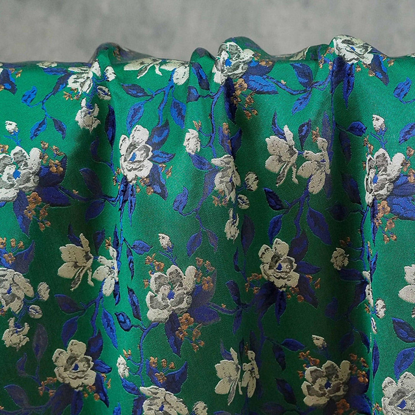 Green Camellia Jacquard Brocade Satin Fabric ��� Floral Textile for Dresses, Costumes & Home Dec"Wide